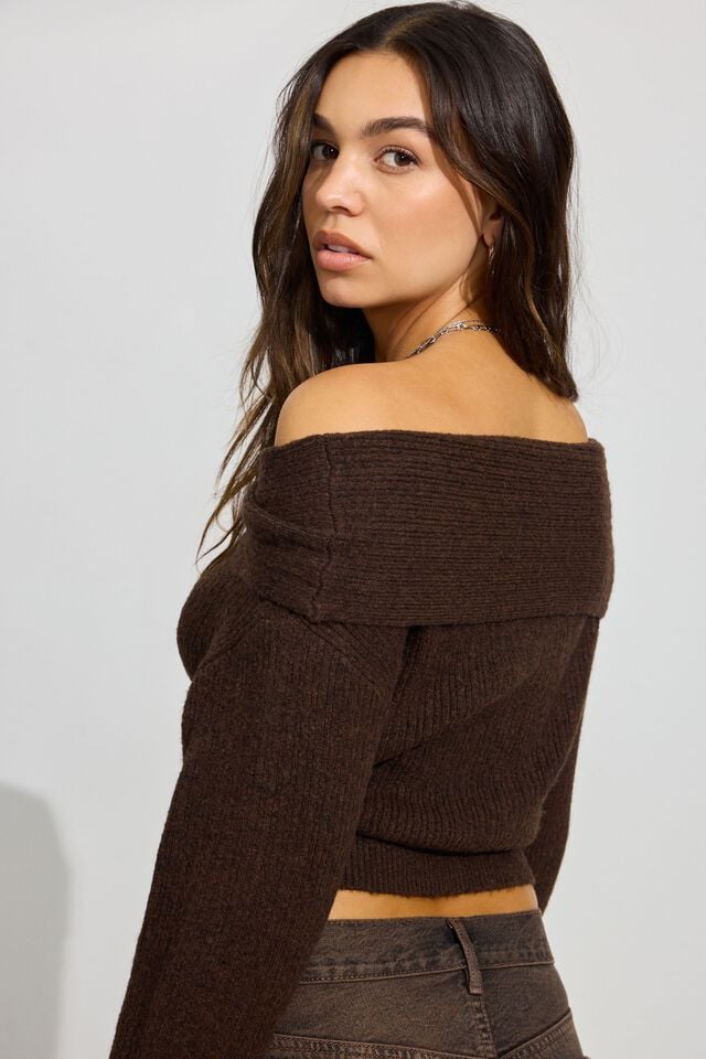 Brown Garage Cozy Loose Off Shoulder Women Sweater | A-3296751