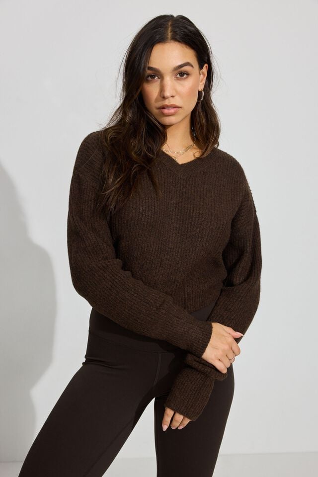 Brown Garage Cozy V Neck Women Sweater | A-7089462