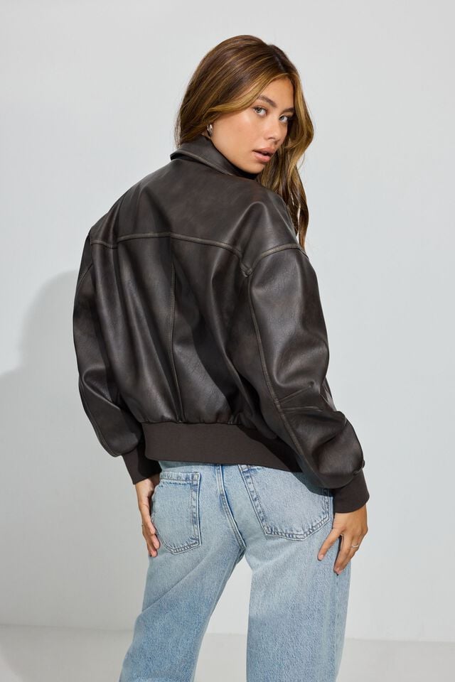 Brown Garage Vintage Faux Leather Women Down Jackets | A-5024981