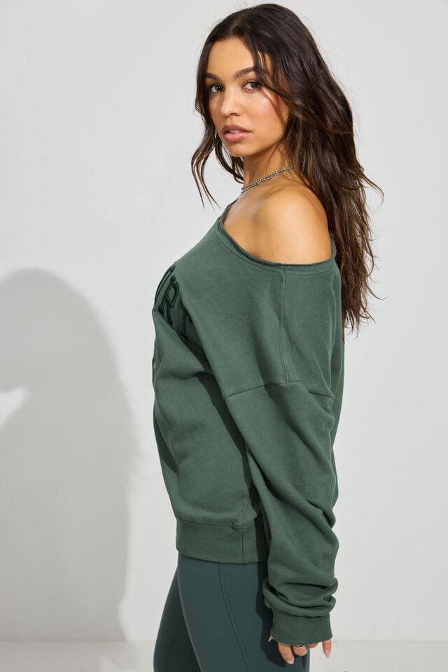 Dark Green Garage Softterry Off Shoulder Women Sweatshirts | A-4716352