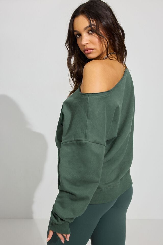 Dark Green Garage Softterry Off Shoulder Women Sweatshirts | A-4716352