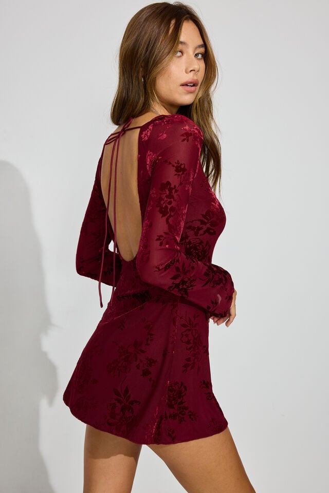 Dark Red Garage Burnout Open Back Mini Women Dress | A-2684017