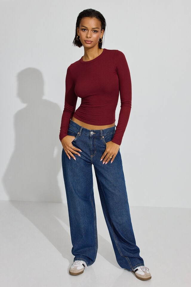 Dark Red Garage Estelle Ribbed Women Long Sleeve | A-2963541