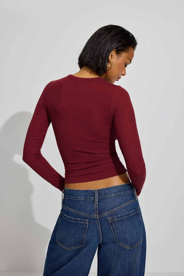 Dark Red Garage Estelle Ribbed Women Long Sleeve | A-2963541