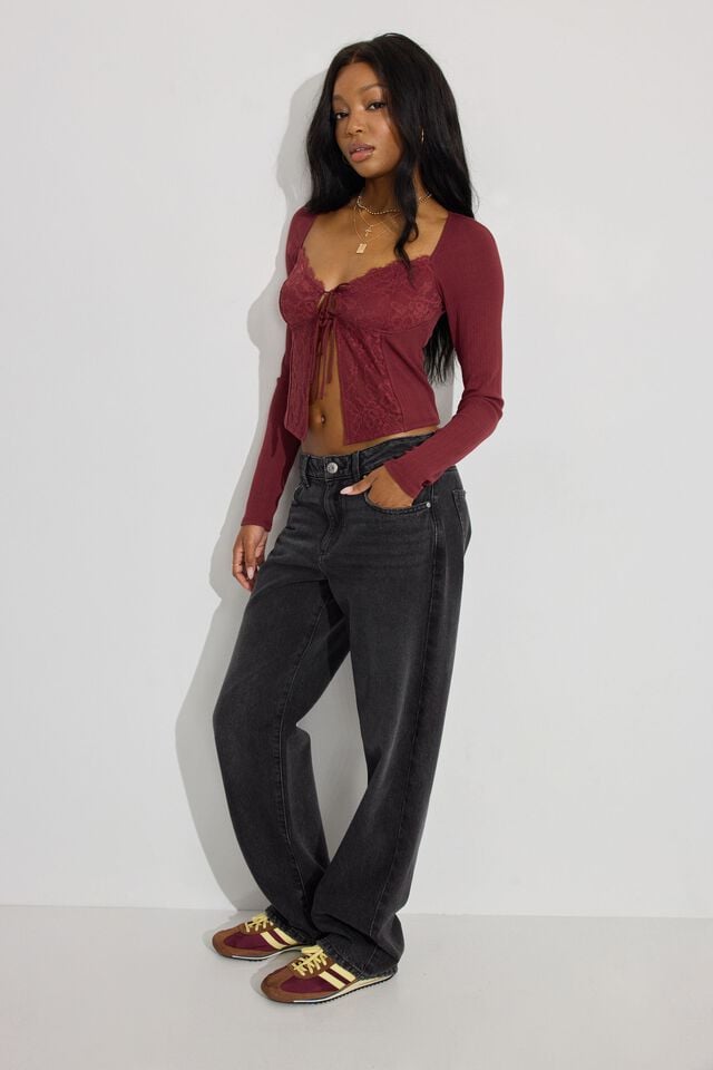 Dark Red Garage Flyaway Lace Rib Women Long Sleeve | A-1524396