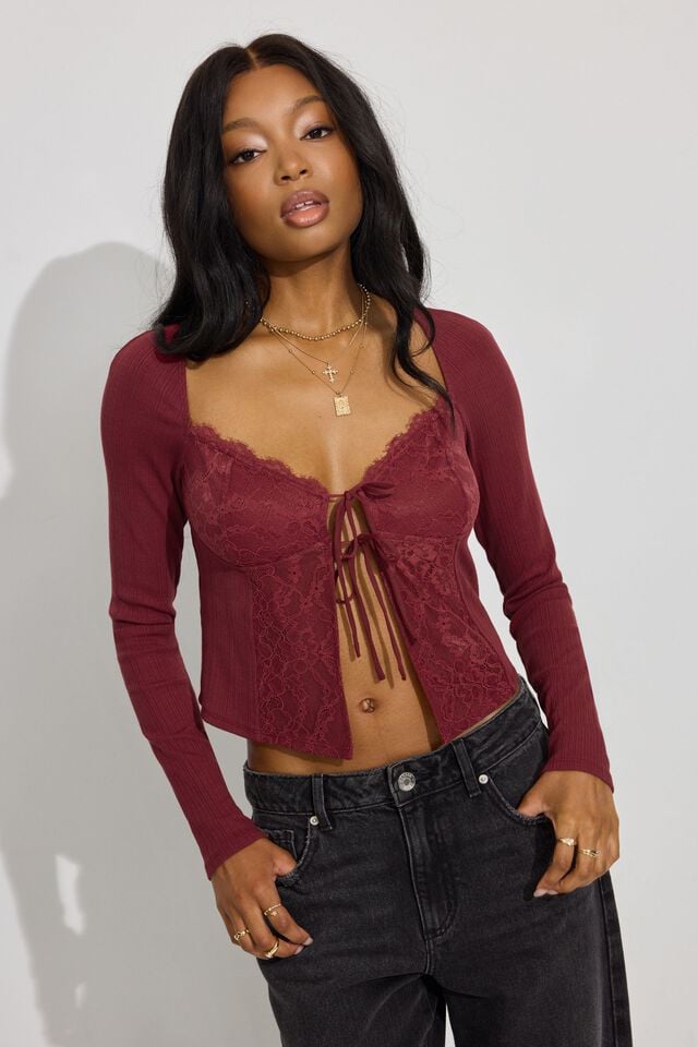 Dark Red Garage Flyaway Lace Rib Women Long Sleeve | A-1524396