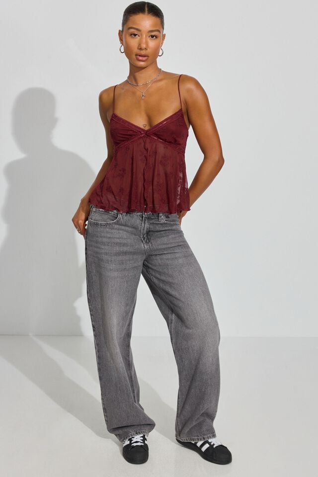 Dark Red Garage Mesh Flyaway Cami Women Tank Top | A-1690357