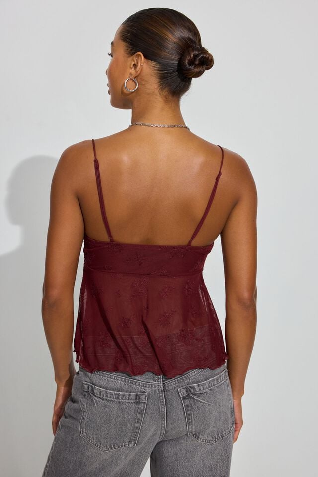 Dark Red Garage Mesh Flyaway Cami Women Tank Top | A-1690357