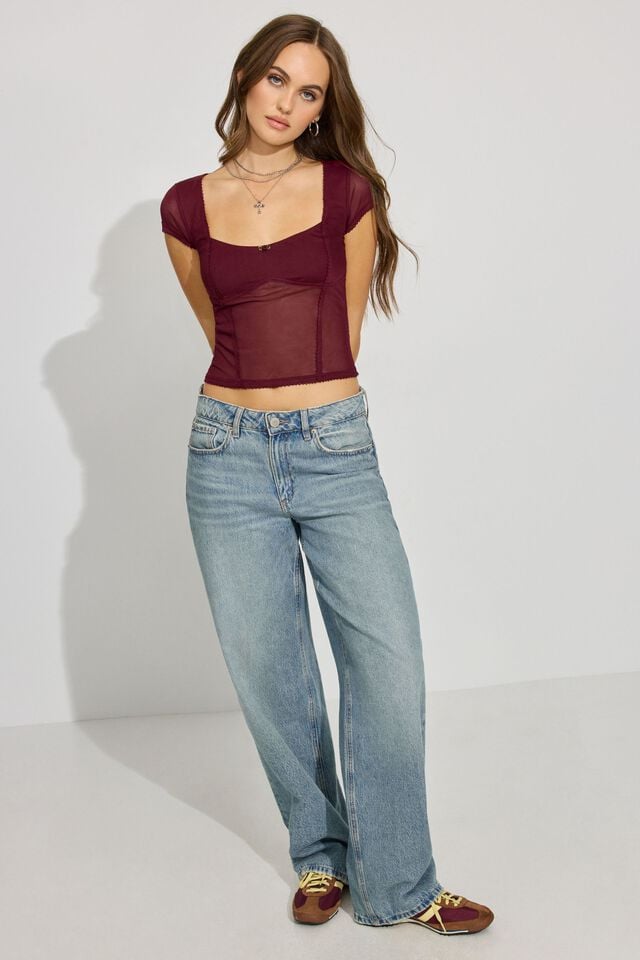 Dark Red Garage Mesh Seamed Short Sleeve Women T Shirts | A-5049321