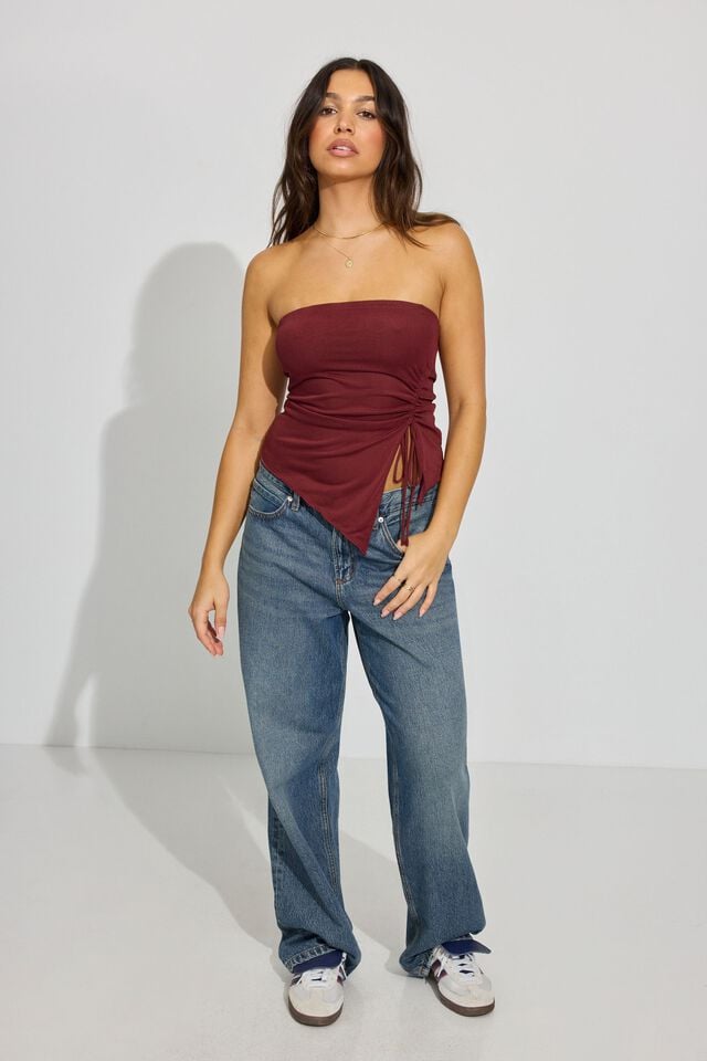 Dark Red Garage Shirred Asymmetric Tube Women Tank Top | A-7521649