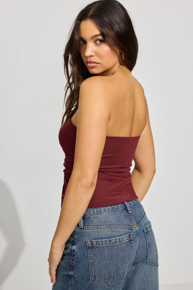 Dark Red Garage Shirred Asymmetric Tube Women Tank Top | A-7521649