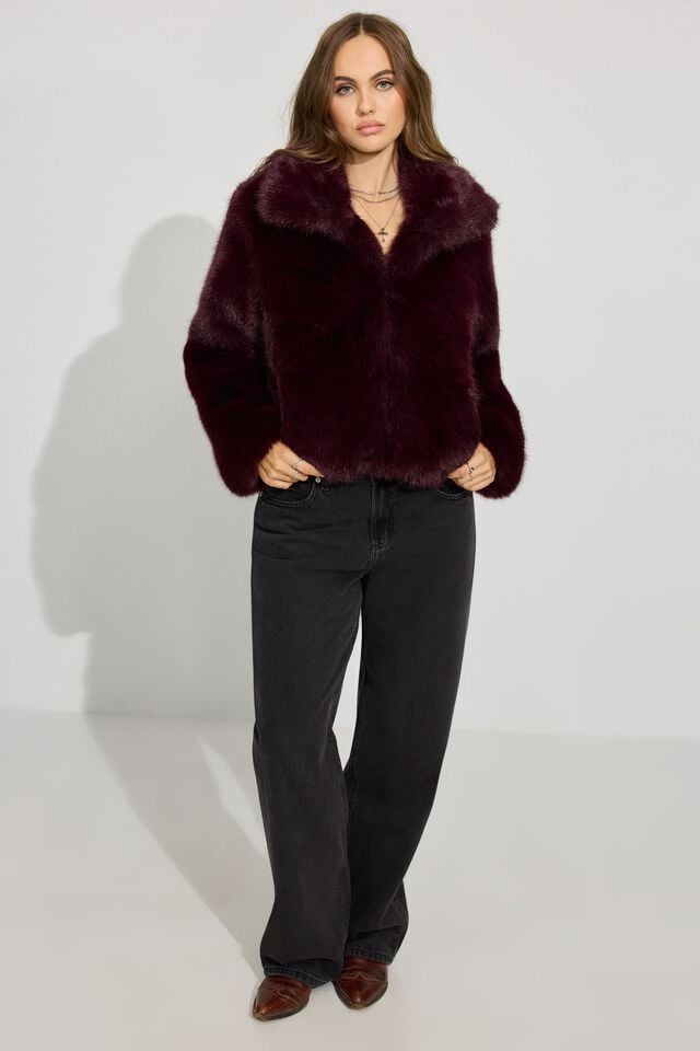 Dark Red Garage Short Faux Fur Women Coat | A-0843957