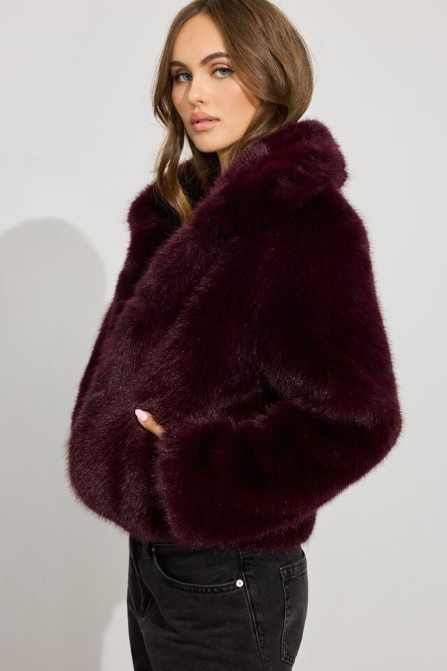 Dark Red Garage Short Faux Fur Women Coat | A-0843957