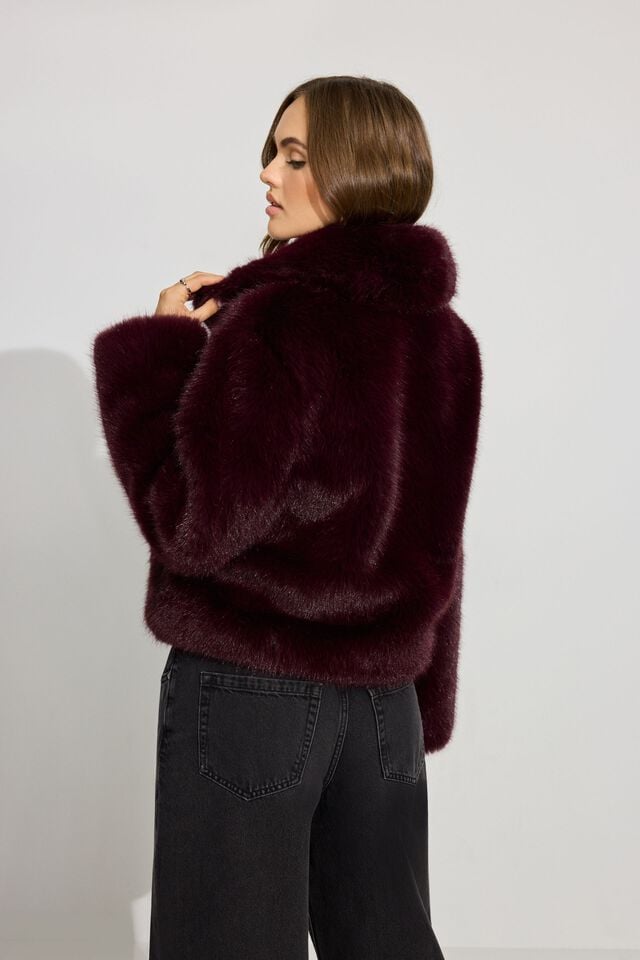 Dark Red Garage Short Faux Fur Women Coat | A-0843957
