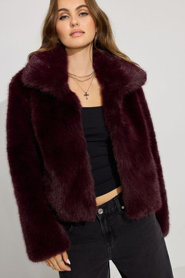 Dark Red Garage Short Faux Fur Women Coat | A-0843957