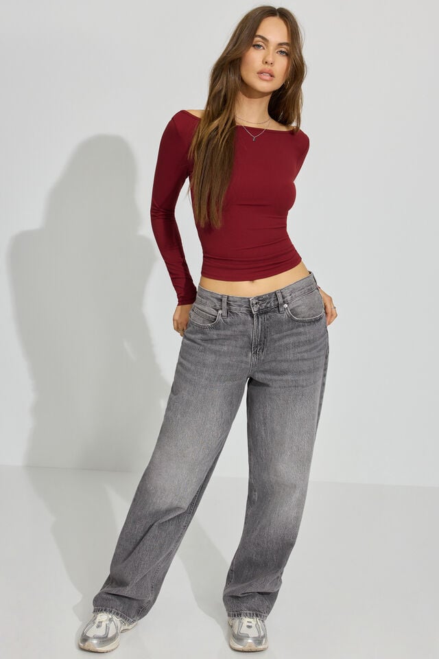 Dark Red Garage Sleek Boat Neck Women Long Sleeve | A-6325790