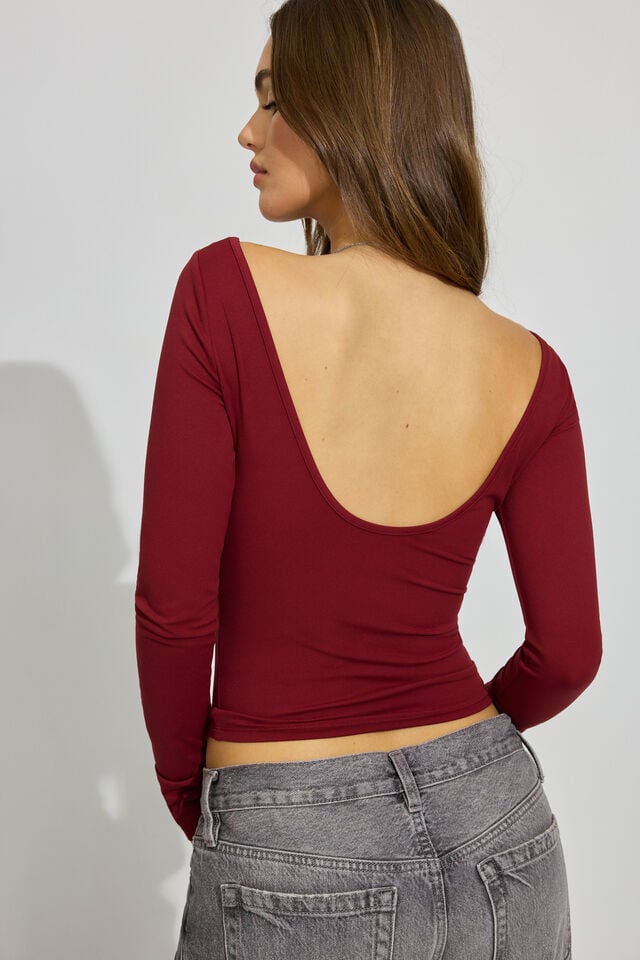 Dark Red Garage Sleek Boat Neck Women Long Sleeve | A-6325790