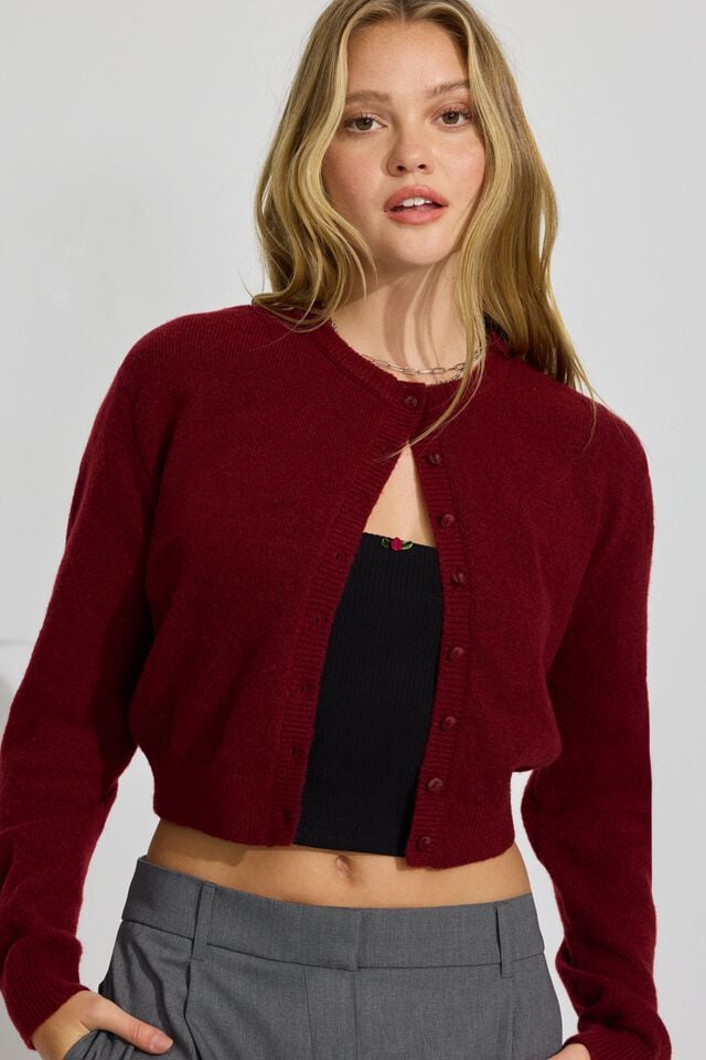 Dark Red Garage Spongy Button Up Women Cardigan | A-7056249