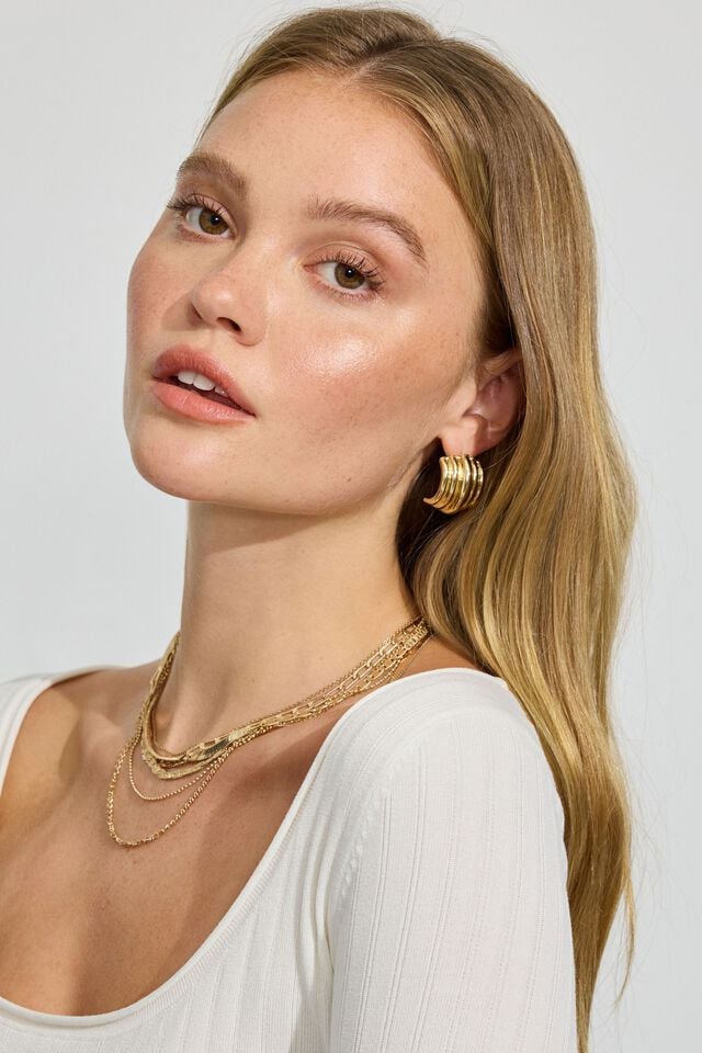 Gold Garage Lined Curve Button Women Earrings | A-2013769