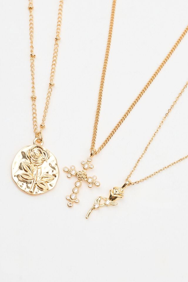 Gold Garage Set Of 3 Rose Cross Women Necklaces | A-1398540