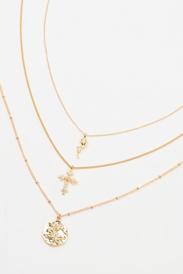Gold Garage Set Of 3 Rose Cross Women Necklaces | A-1398540