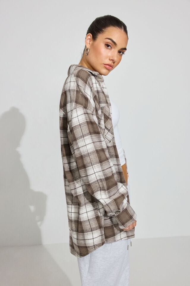 Grey Brown Garage Noah Plaid Button-up Women Long Sleeve | A-5468073