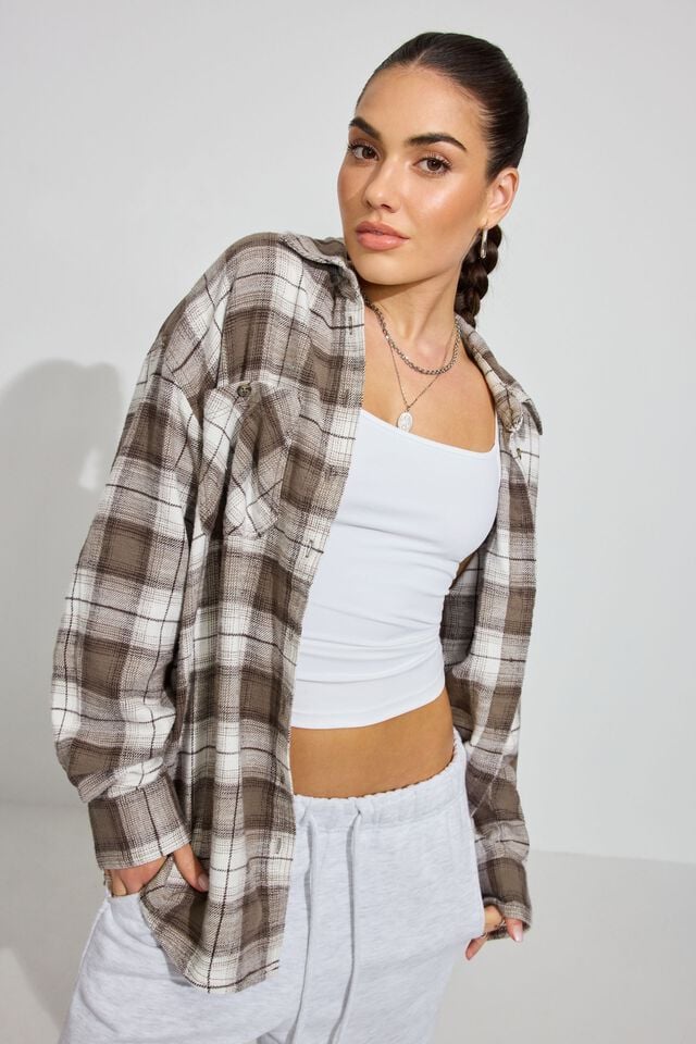 Grey Brown Garage Noah Plaid Button-up Women Long Sleeve | A-5468073