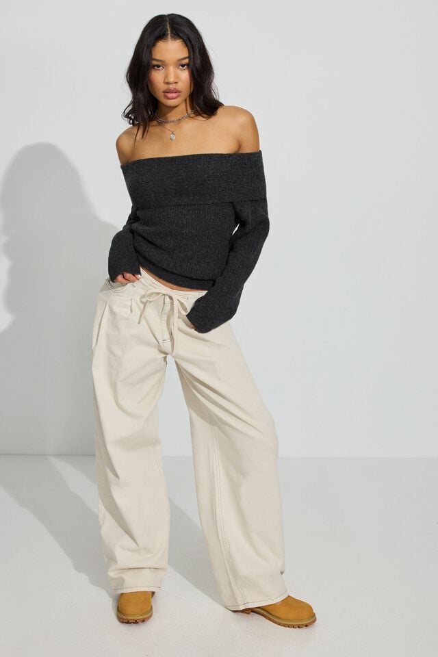 Grey Garage Cozy Loose Off Shoulder Women Sweater | A-4237806