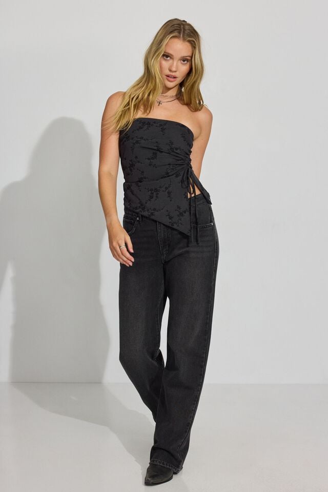 Grey / Black Garage Shirred Asymmetric Tube Women Tank Top | A-5473026