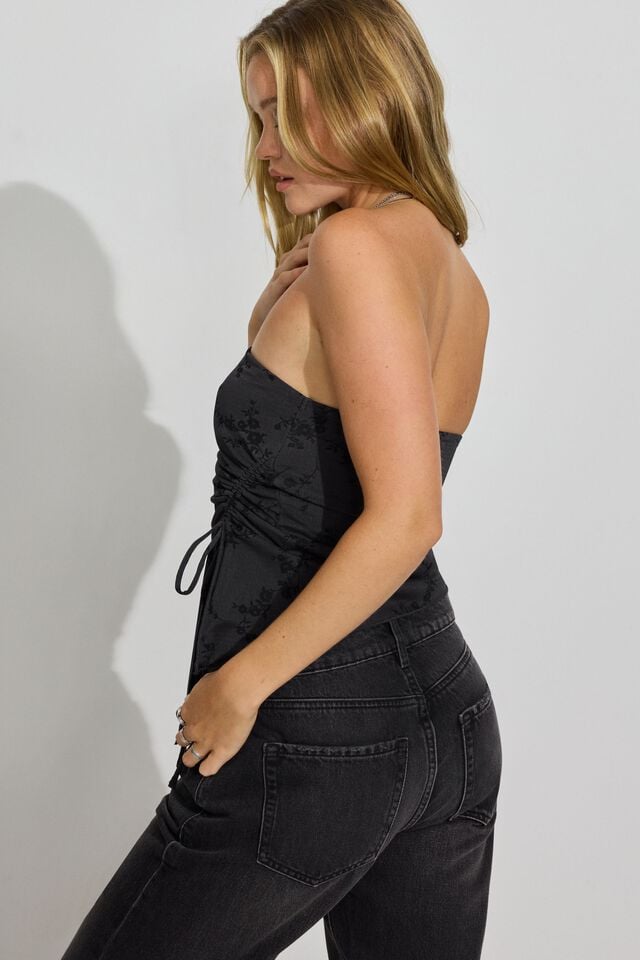 Grey / Black Garage Shirred Asymmetric Tube Women Tank Top | A-5473026