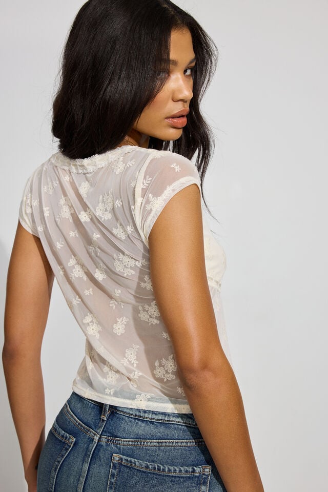 Light Blue Beige Garage Embroidered Tie Front Women T Shirts | A-2031468
