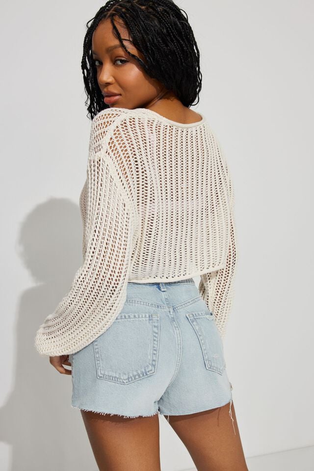 Light Blue Beige Garage Open Knit Women Sweater | A-6245701