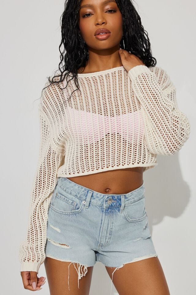 Light Blue Beige Garage Open Knit Women Sweater | A-6245701