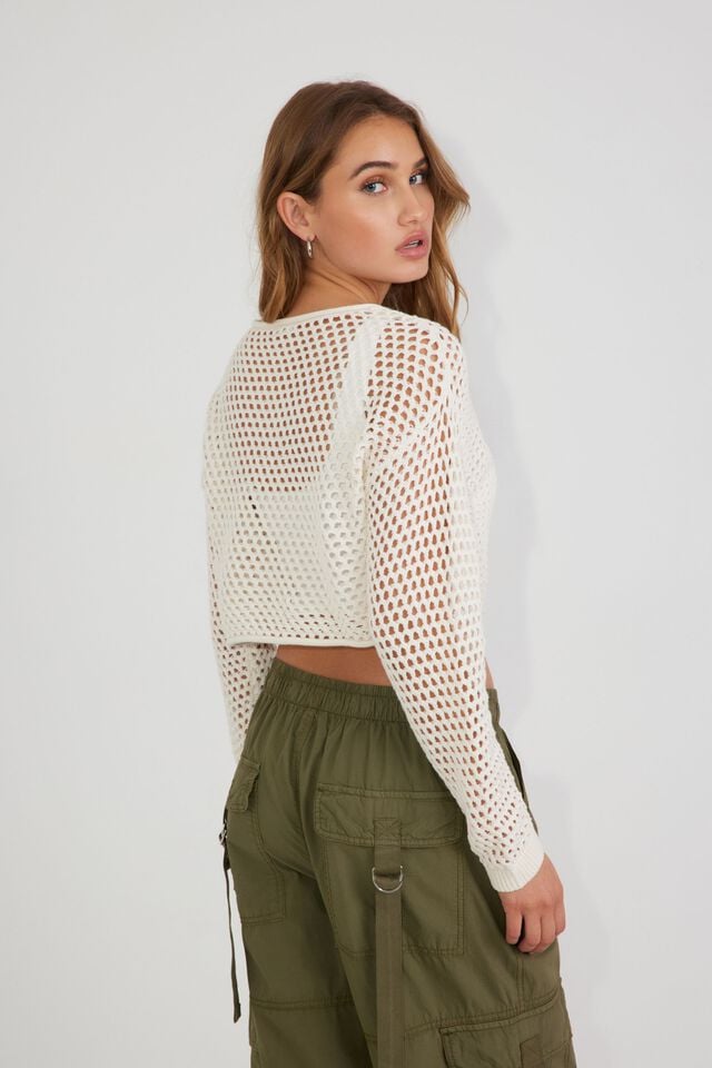 Light Blue Beige Garage Open-knit Cropped Women Sweater | A-4137269