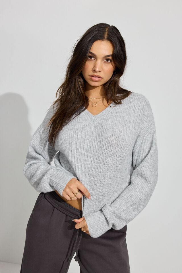 Light Grey Garage Cozy V Neck Women Sweater | A-8620451