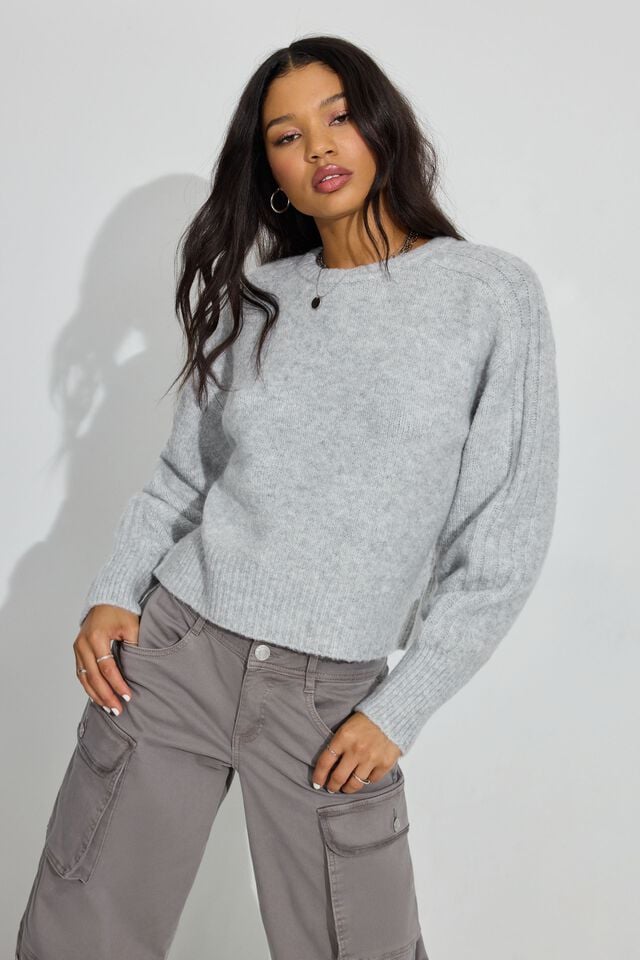 Light Grey Garage Spongy Loose Crewneck Women Sweater | A-0231754