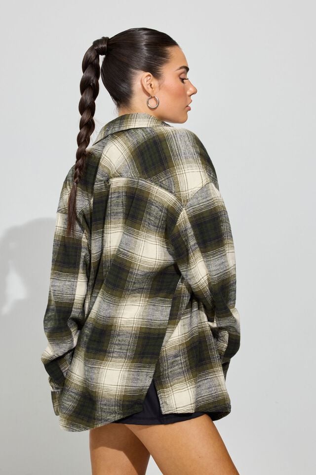 Olive Green Garage Noah Plaid Button-up Women Long Sleeve | A-7243190