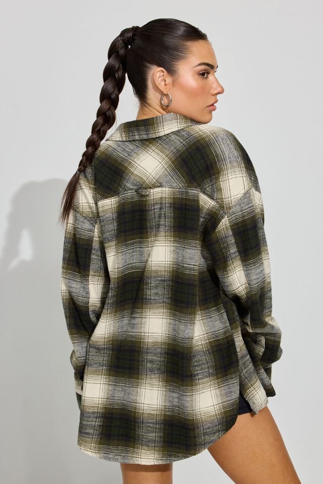 Olive Green Garage Noah Plaid Button-up Women Long Sleeve | A-7243190