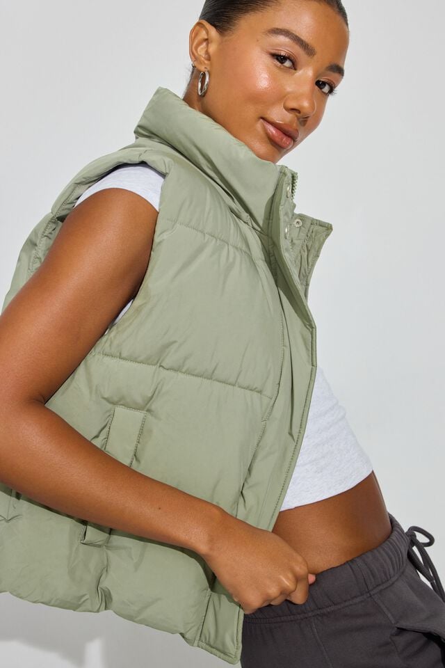 Olive Green Garage Perfect Women Puffer Vest | A-6538902