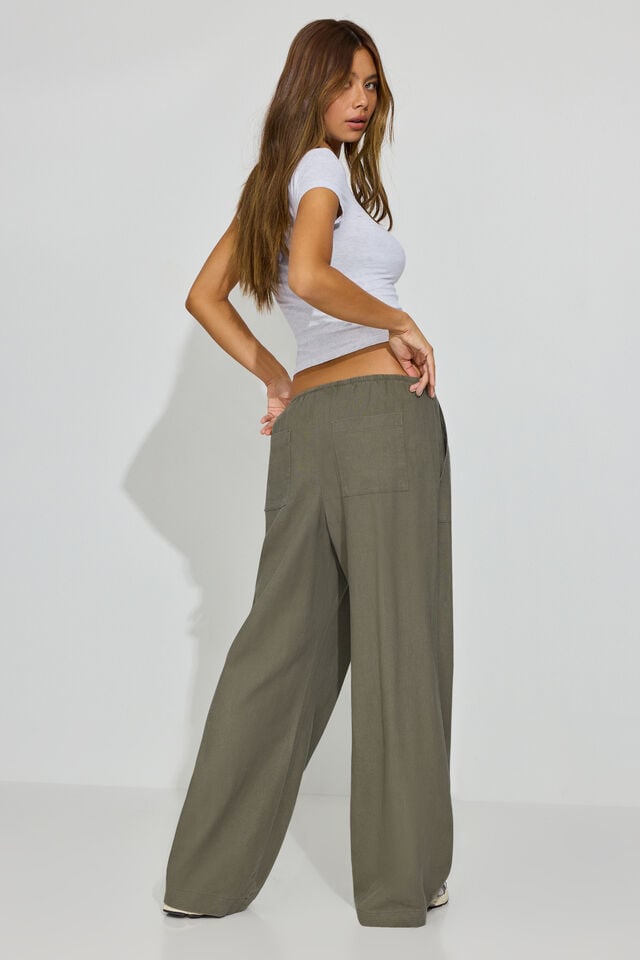 Olive Khaki Garage Millie Linen Pull-on Women Pants | A-1583027