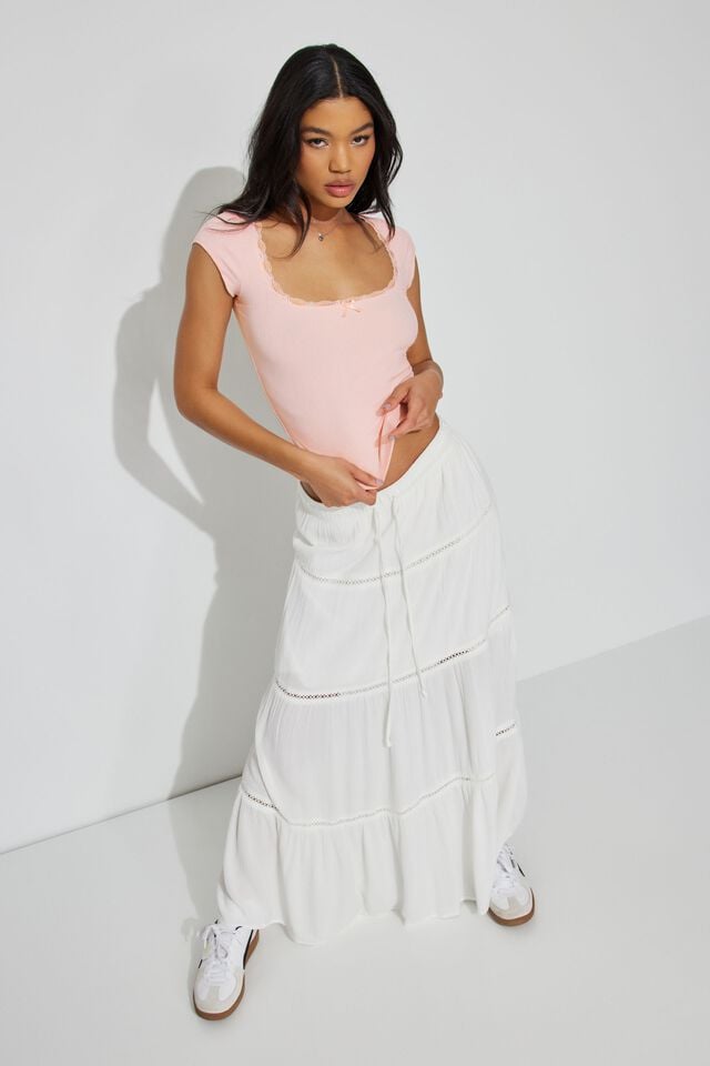 Pink Garage Myla Scoop Neck Lace Trim Rib Women T Shirts | A-8401539