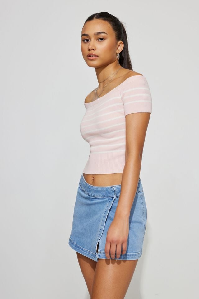 Pink / White Garage Short Sleeve Off Shoulder Women Sweater | A-3701468