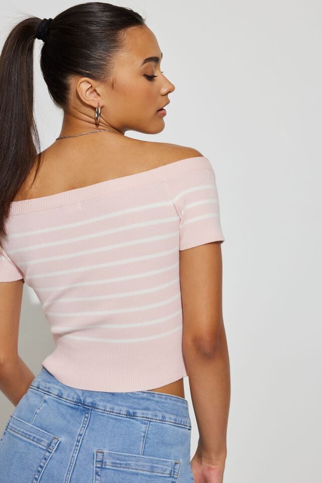 Pink / White Garage Short Sleeve Off Shoulder Women Sweater | A-3701468