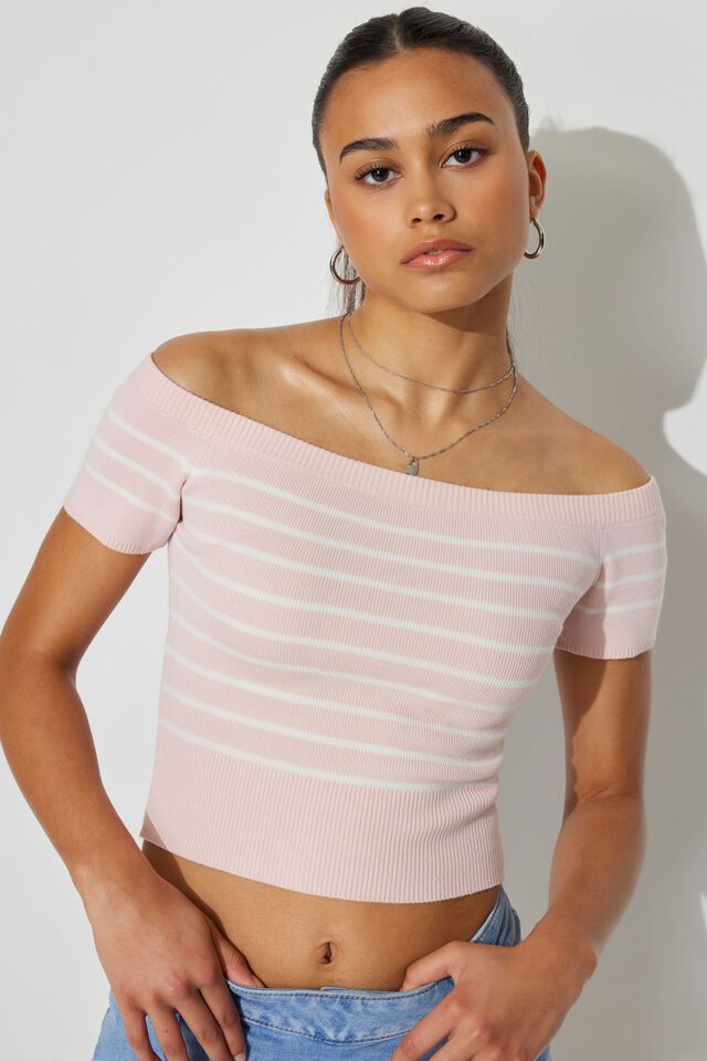 Pink / White Garage Short Sleeve Off Shoulder Women Sweater | A-3701468