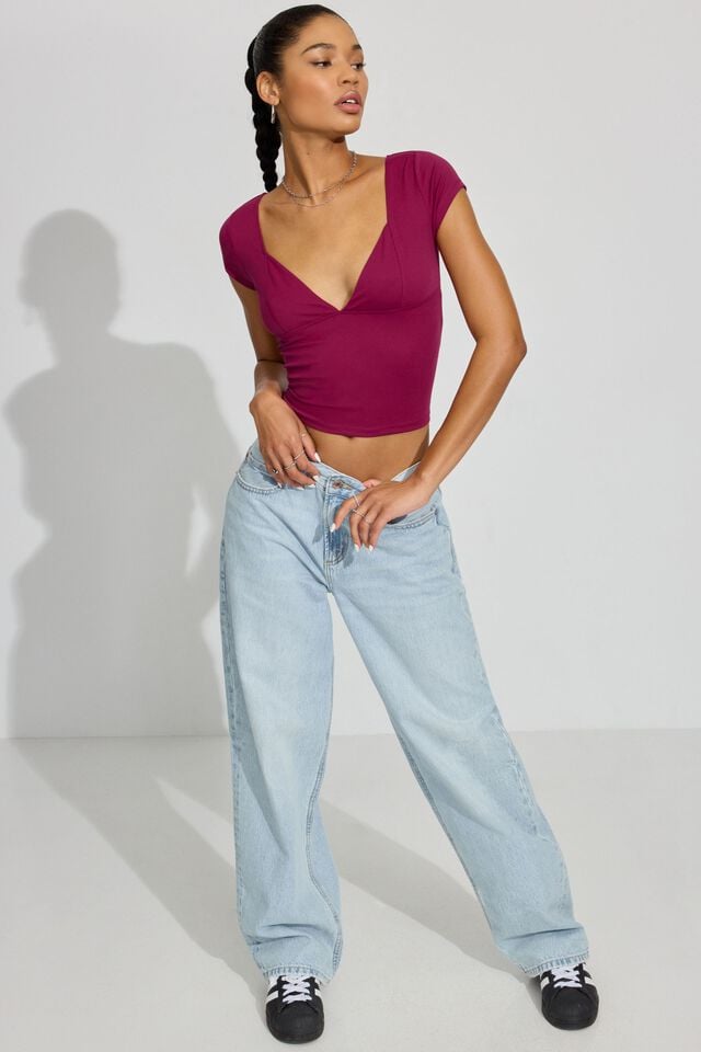 Purple Red Garage Plunge Seamed Women T Shirts | A-9245078