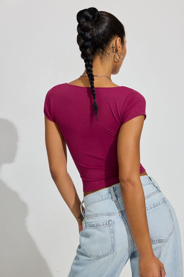 Purple Red Garage Plunge Seamed Women T Shirts | A-9245078
