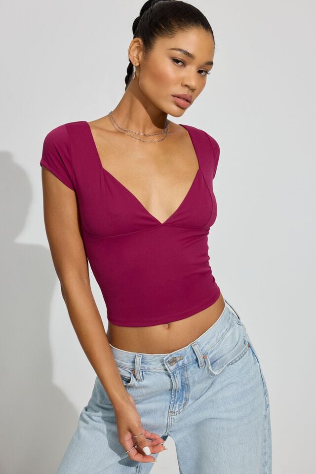 Purple Red Garage Plunge Seamed Women T Shirts | A-9245078