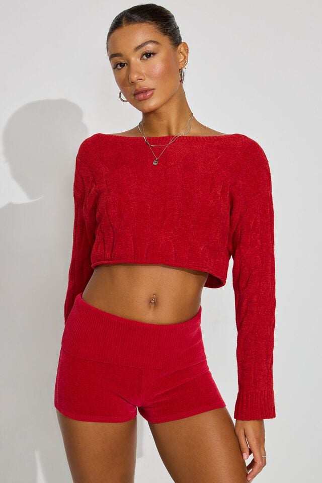 Red Garage Chenille Women Shorts | A-6102395