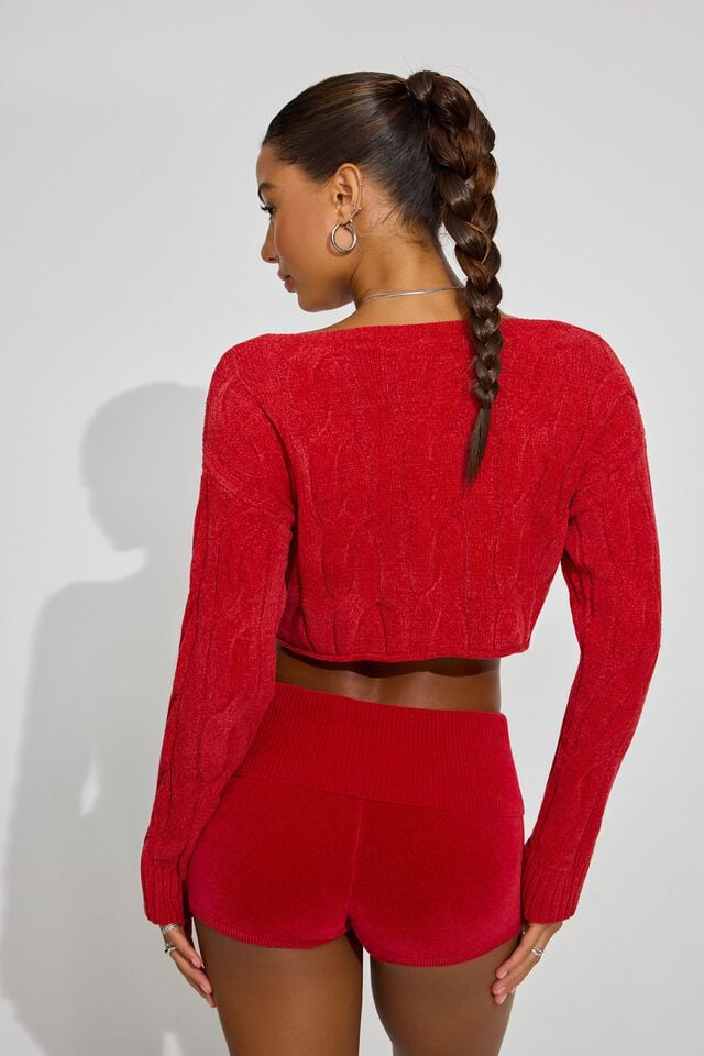 Red Garage Cropped Cable Women Sweater | A-5628394