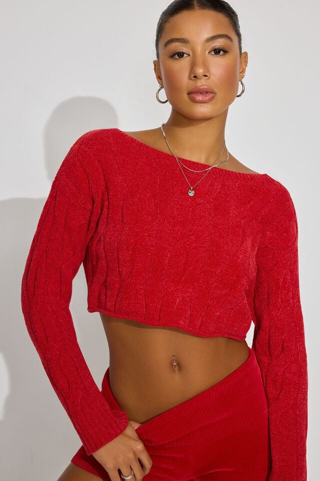 Red Garage Cropped Cable Women Sweater | A-5628394